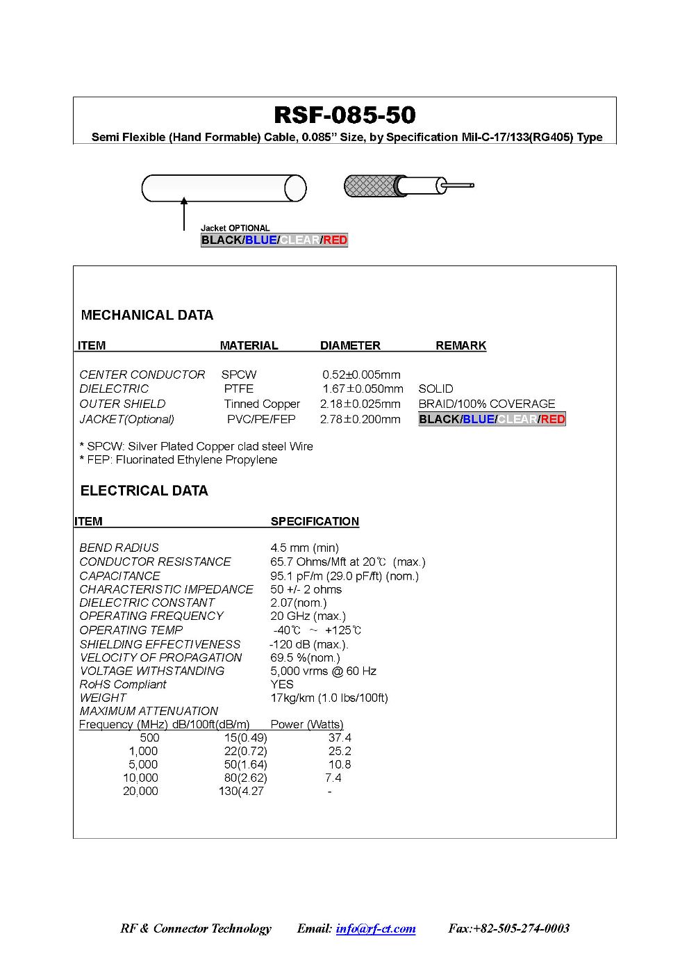 Hand-formable 085 cable - Semi Flexible 085 type - Specification