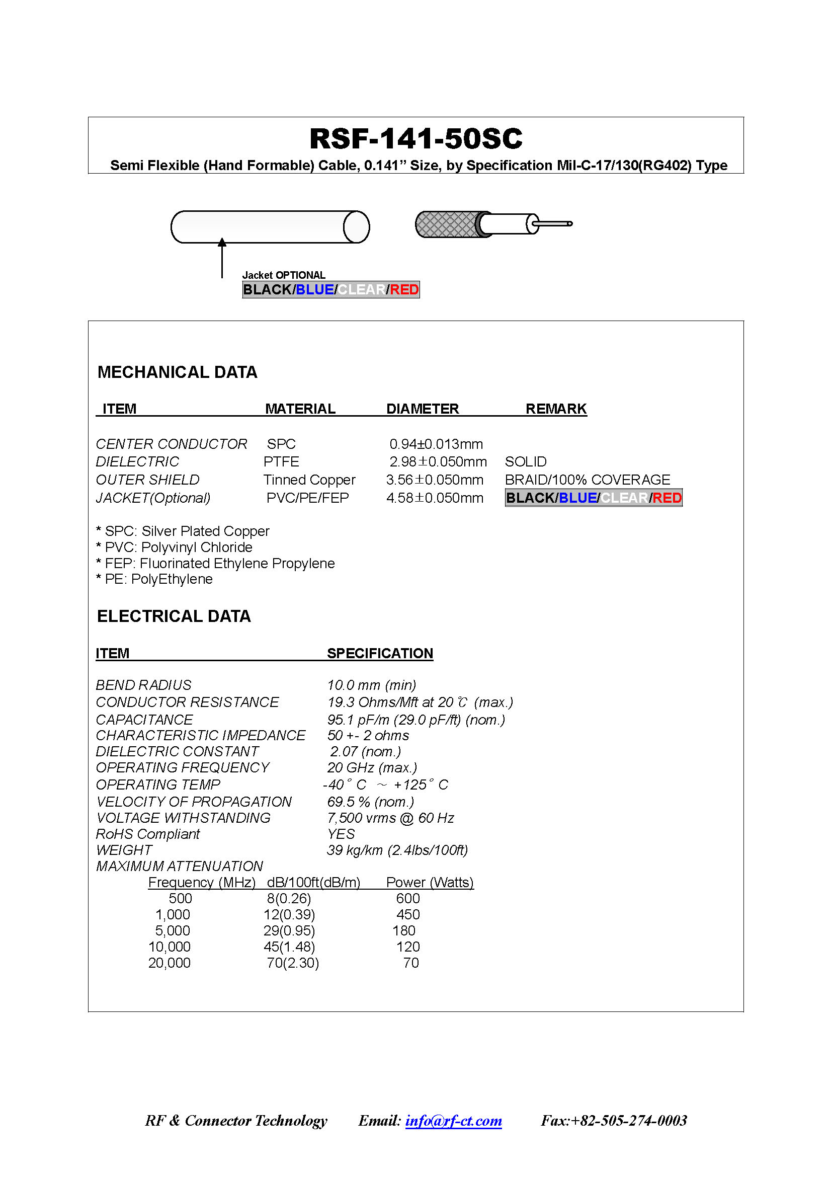 Hand-formable 141 cable - Semi Flexible 141 type - Specification